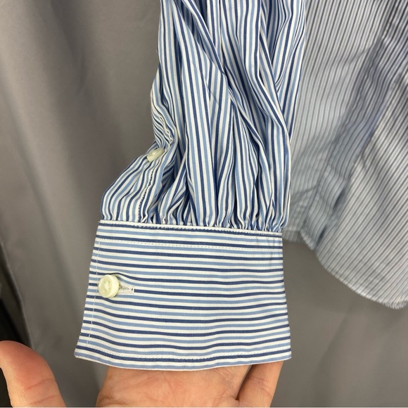 Ann Mashburn Blue White Striped Puff Sleeve Button Up Shirt Size Medium - Picture 3 of 7